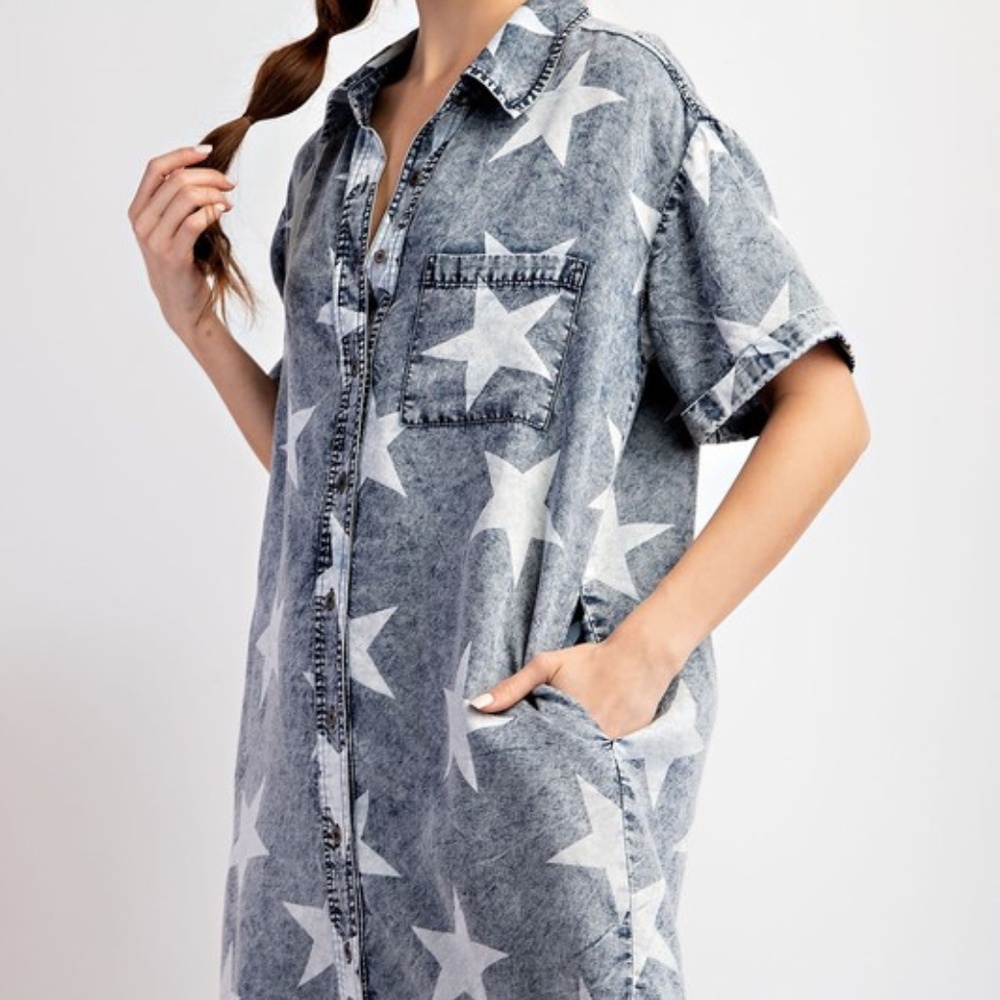 Star Print Denim Shirt Dress - Blue - Picture 7 of 12
